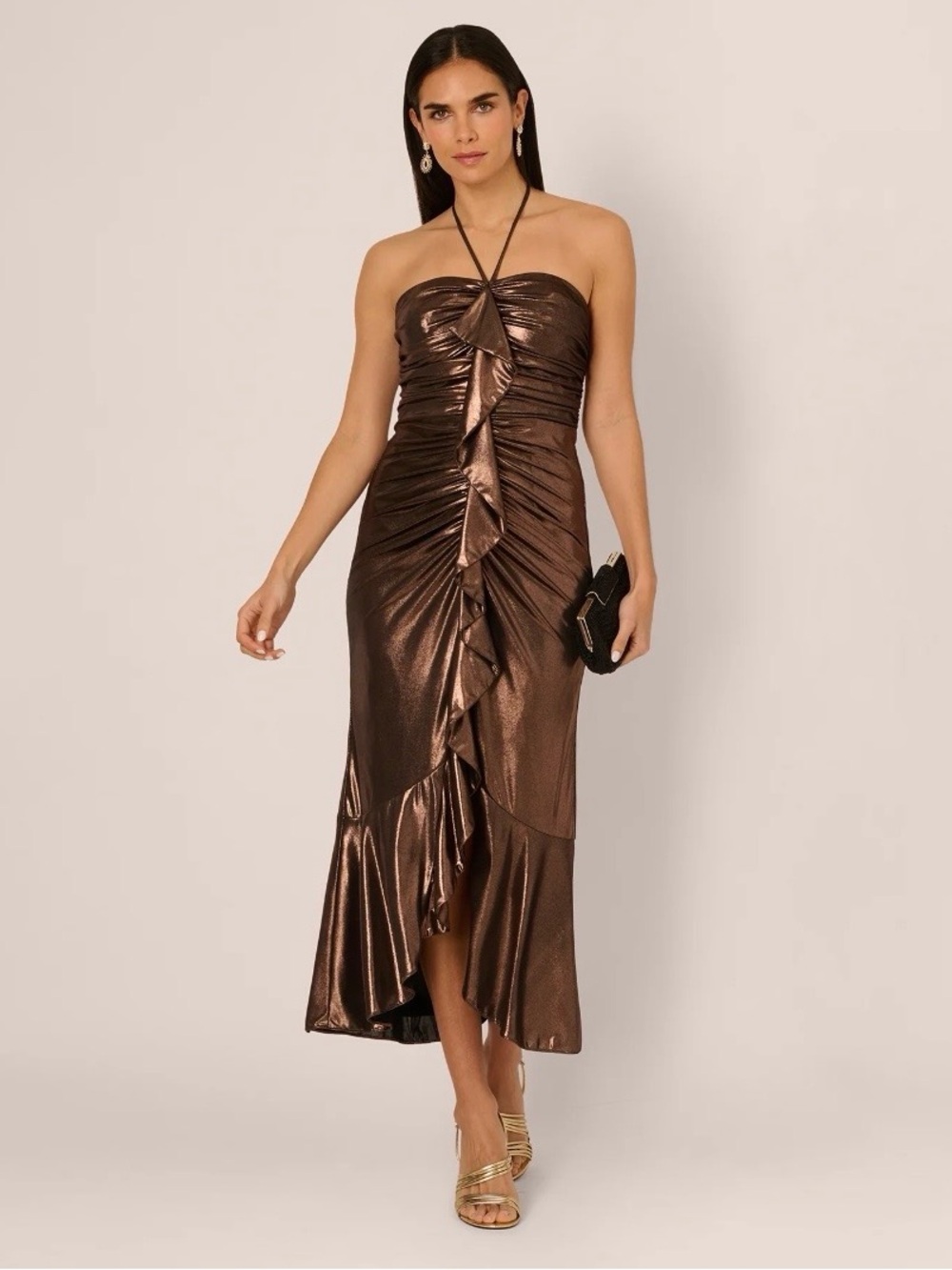 Adrianna Papell Foil Ruched Ruffle Halter Midi Dress in Cinnamon